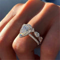 Silver Tone Pear Halo Ring with Clear Stone Leaf Accent Band view 2