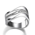 White Gold Tone Three Line Wave Band Clear Stone Ring view 3