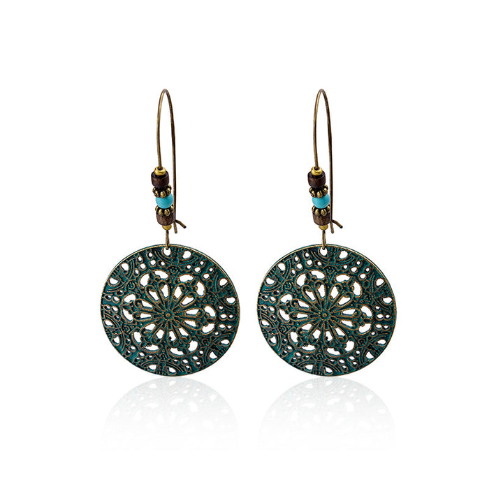 Green Patina Openwork Round Medallion Hook Earrings