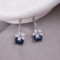 Blue Square and White Flower Silver Tone Clip Earrings view 3
