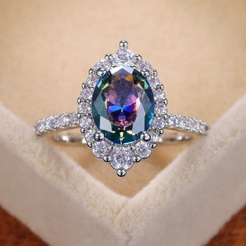 Iridescent Oval Stone Floral Halo Ring In Polished Silver Tone