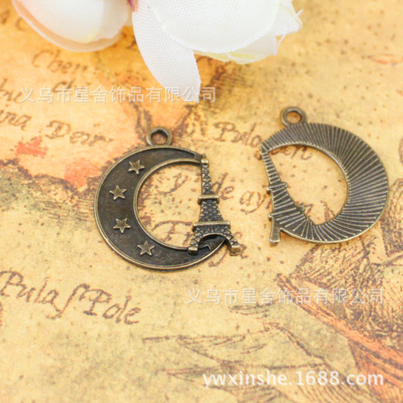 Alloy Star Moon and Tower Charm Pendant, 22x19mm