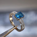Silver Tone Blue Rectangular Stone Ring with Double Band view 2