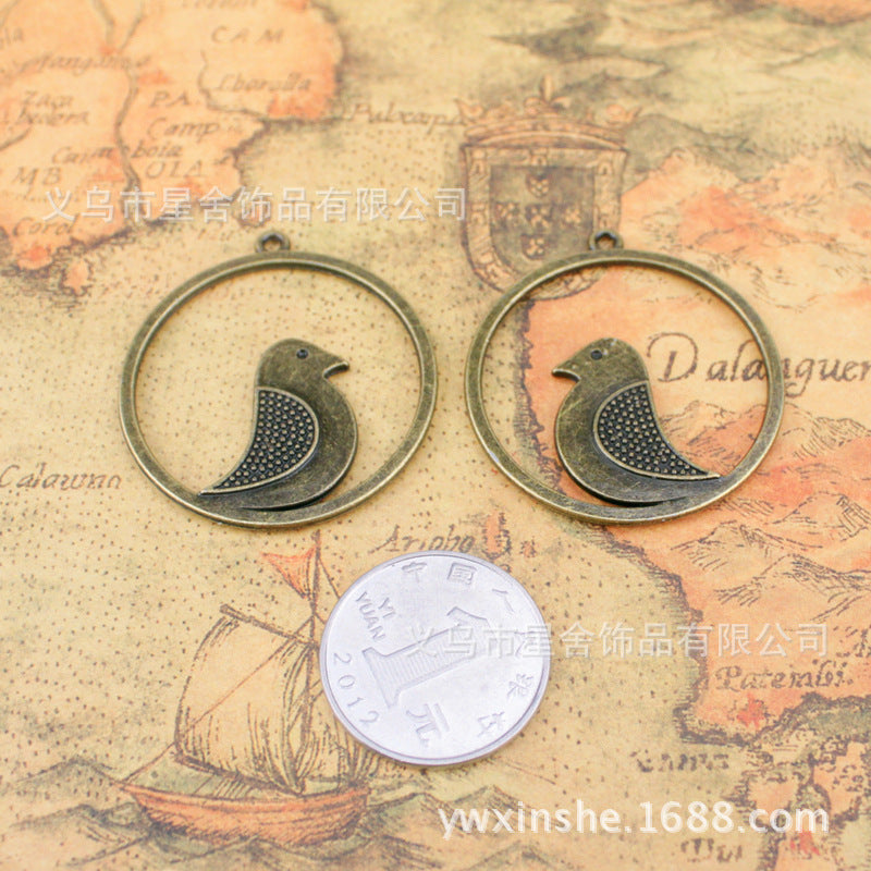 Vintage Double-Sided Bird Circle Alloy Pendant 38mm