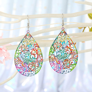 Colorful Printed Openwork Teardrop and Round Hook Earrings in Four Designs