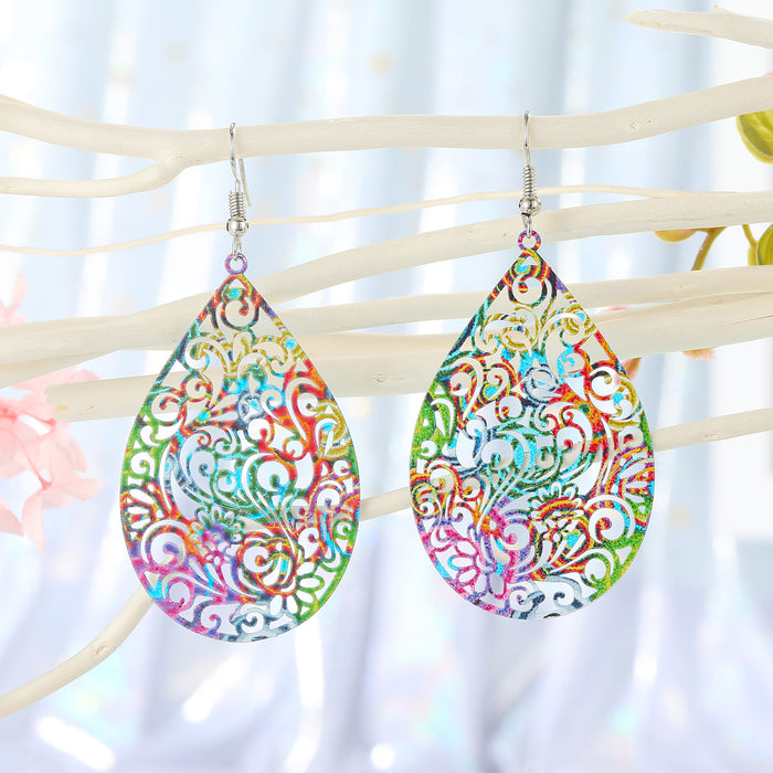 Colorful Printed Openwork Teardrop and Round Hook Earrings in Four Designs