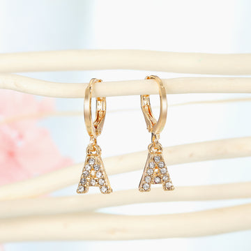 Gold Tone Rhinestone Letter Charm Huggie Earrings A to L