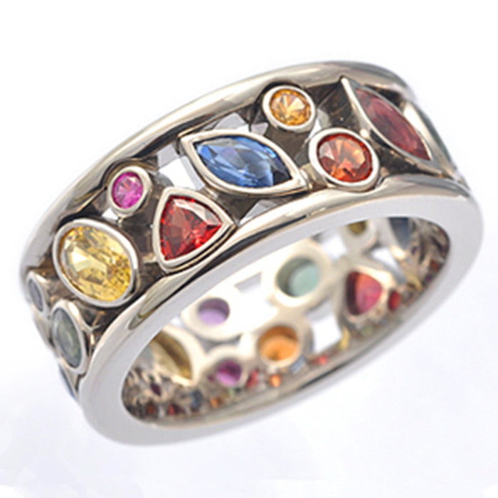 Multicolor Mixed-Cut Bezel Wide Band Ring In Silver Tone
