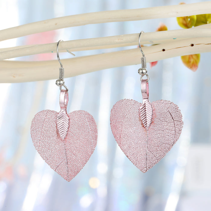 Pink Skeleton Leaf Hook Earrings in Four Botanical Shapes