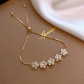 Gold Tone Five Flower Clear Crystal Adjustable Slider Bracelet view 3