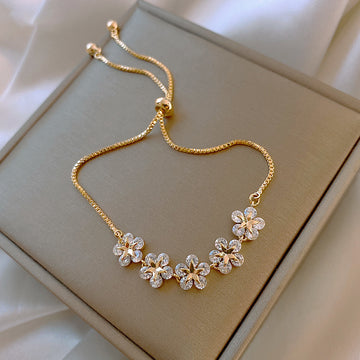 Gold Tone Five Flower Clear Crystal Adjustable Slider Bracelet