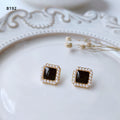 Gold Square Enamel Center Pearl Halo Stud Earrings Pair view 7