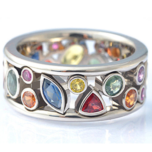 Second product view showing silver-tone multicolor mixed-cut bezel wide band ring