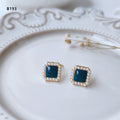 Gold Square Enamel Center Pearl Halo Stud Earrings Pair view 6