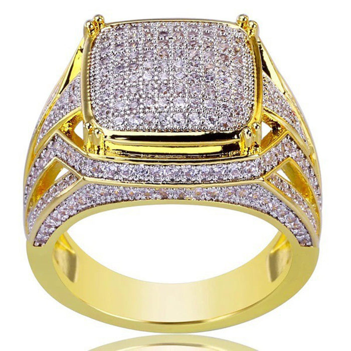Gold-Tone Square Pave Statement Ring With Layered Shoulders