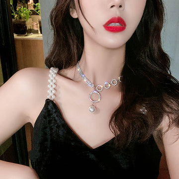 Silver Rhinestone Multi Circle Pearl Drop Choker Necklace