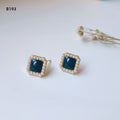 Gold Square Enamel Center Pearl Halo Stud Earrings Pair view 3