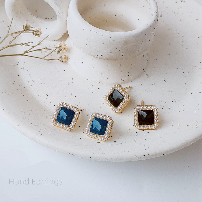 Gold Square Enamel Center Pearl Halo Stud Earrings Pair