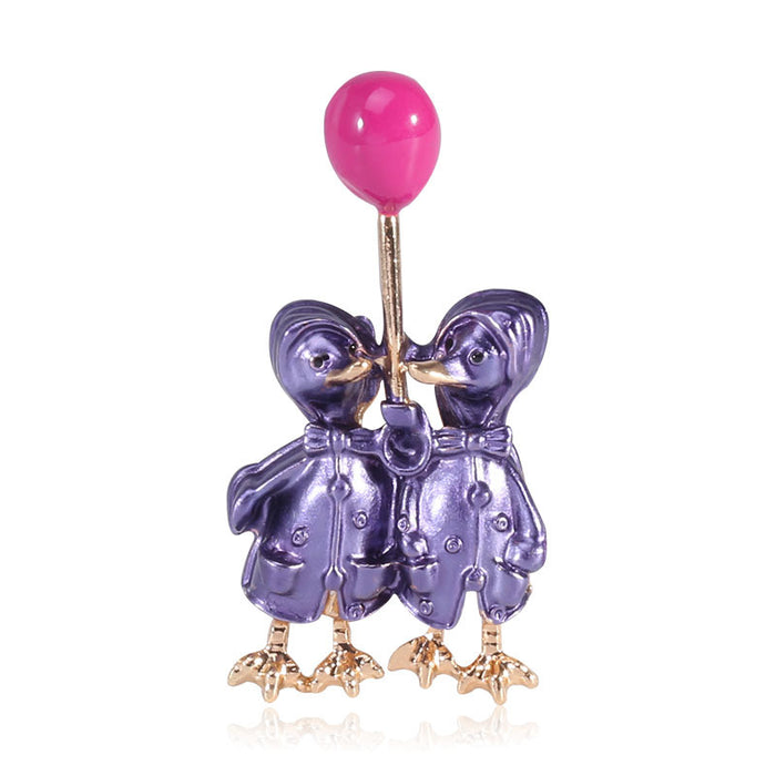 Enamel Couple Duck Balloon Brooch Black Blue Purple