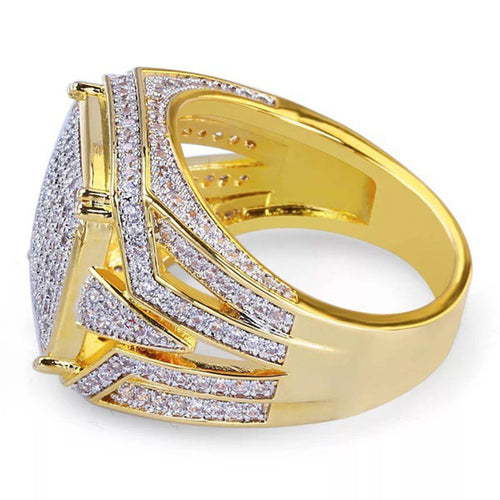 Gold-Tone Square Pave Statement Ring With Layered Shoulders shown in angled product view