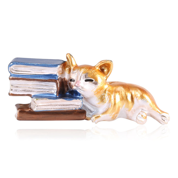 Lazy Cat on Books Brooch in Gray or Gold Yellow Finish