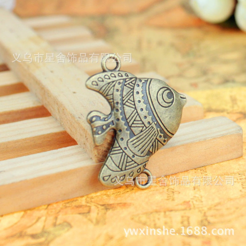 Double-Hole Chubby Fish Charm Pendant 37x30mm Antique Style