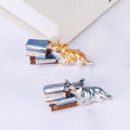 Lazy Cat on Books Brooch in Gray or Gold Yellow Finish view 4