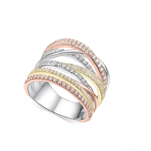 Tricolor Crossover Multirow Wide Ring Metal Jewelry Design shown from an alternate angle