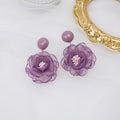 Purple and Green Fabric Flower Stud and Drop Earrings view 2