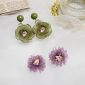 Purple and Green Fabric Flower Stud and Drop Earrings view 3