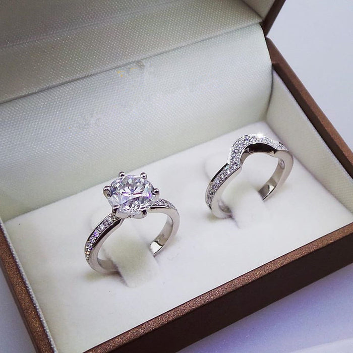 Silver Round Six Prong Clear CZ Solitaire Ring Band Set Metal
