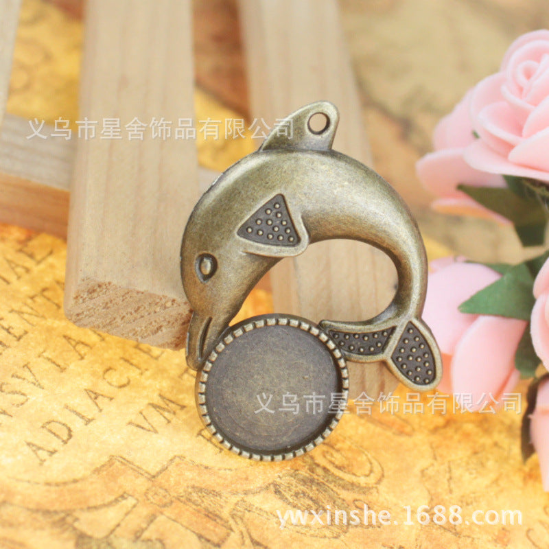 Vintage Dolphin Pendant Bezel Setting for 16mm Cabochon