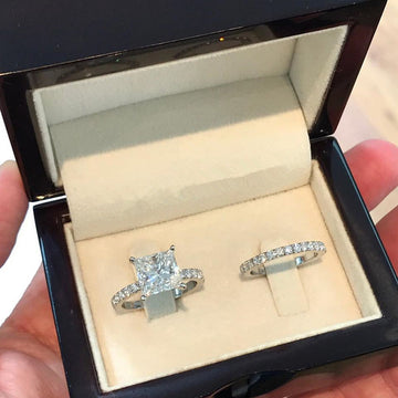 Silver Princess Cut Clear CZ Ring Matching Band Two Piece Set