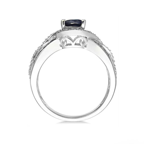 Blue Oval Center Stone Crossover Pavé Ring in Silver Tone shown in alternate angle