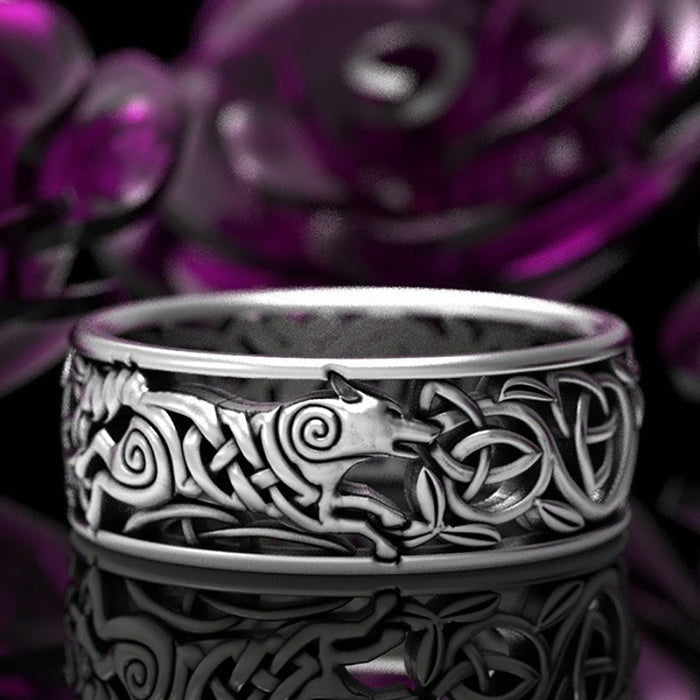 Celtic Knot Wolf Pattern Wide Band Ring Antiqued Silver Tone