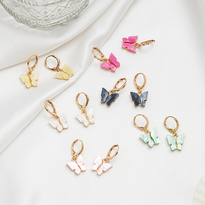 Gold Huggie and Marbled Butterfly Pendant Drop Earrings