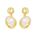 Gold Cat Eye Oval Drop Earrings with Sculpted Polished Metal Details view 5