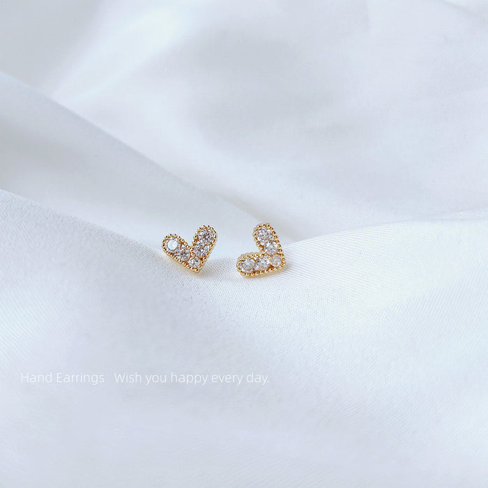 Gold Tone Mini Clear Stone Pave Open Heart Stud Earrings For Women