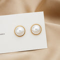 White Pearl Look Round Gold Rope Frame Stud Earrings view 4