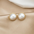 White Pearl Look Round Gold Rope Frame Stud Earrings view 1