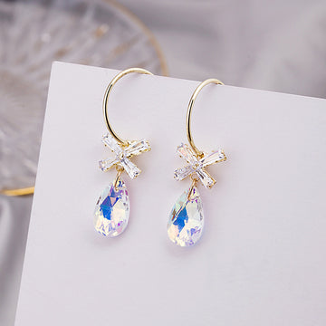 Rainbow Teardrop Bow Crystal Look Extra Long Hook Earrings