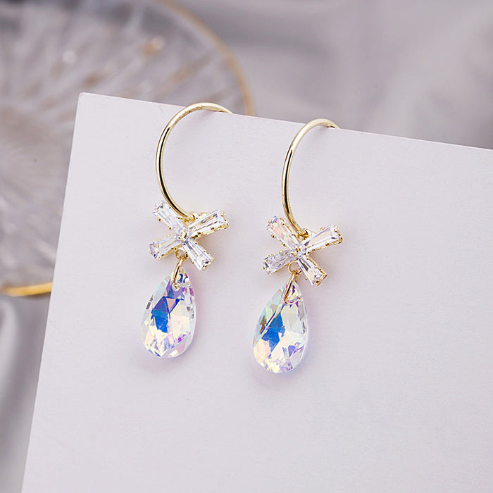 Rainbow Teardrop Bow Crystal Look Extra Long Hook Earrings