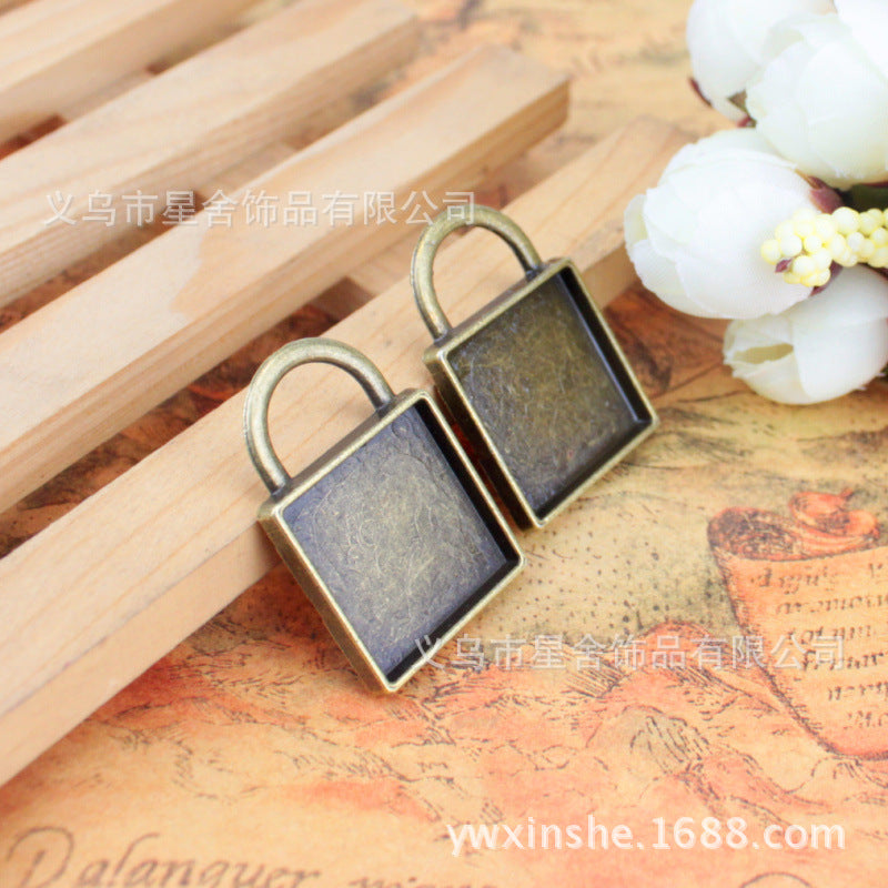 Patterned Lock Charm Pendant with 20mm Square Bezel Setting