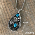 Turquoise Teardrop Feather Pendant Necklace in Silver Tone view 5