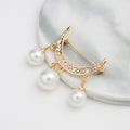 Gold Rhinestone Crescent Moon Brooch Three Pearl Drops view 3