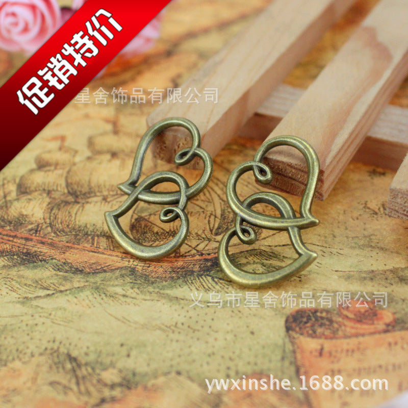 Vintage Hollow Double Heart Charm Pendant 31x20mm for Bracelets
