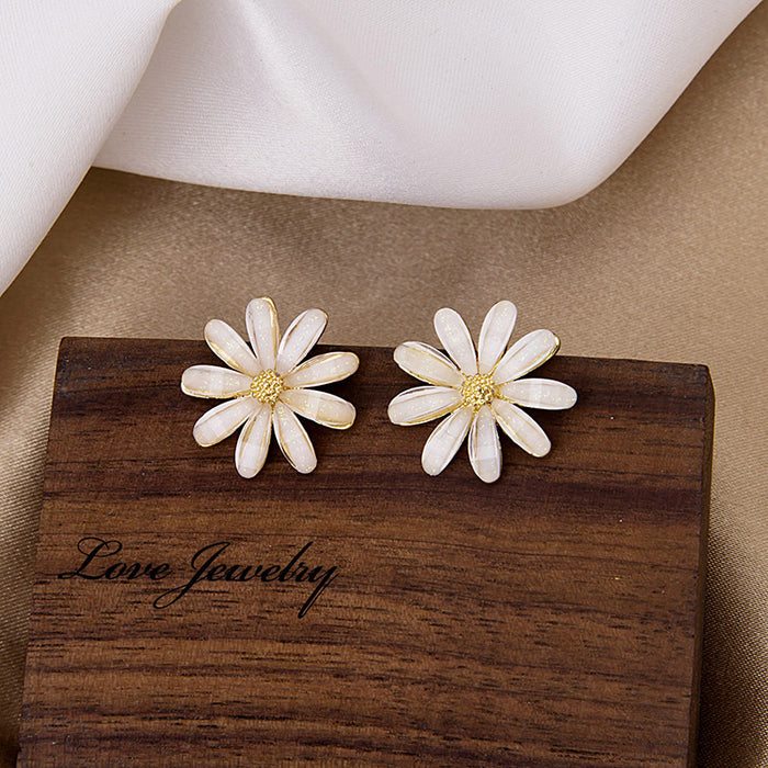 White Translucent Daisy Gold Tone Small Stud Earrings