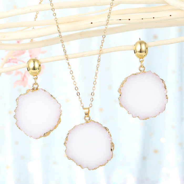 White Round Druzy Necklace and Earring Options in Thirty Millimeter Size