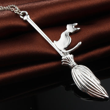 Witch Riding Broom Pendant Necklace in Gold or Silver Tone