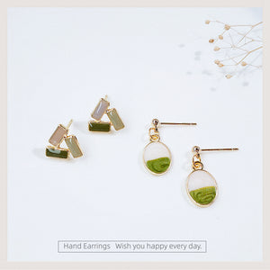 Gold-Tone Green Enamel Oval Drop and Bar Cluster Studs